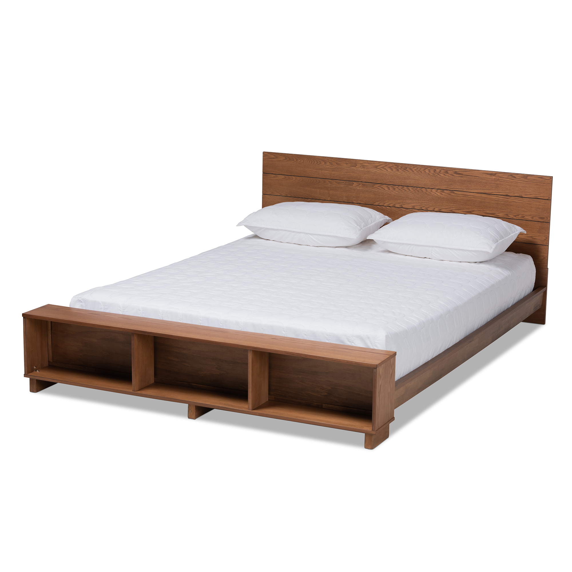 Baxton Studio Regina Modern Rustic Ash Walnut Brown Finished Wood Queen Size Platform Storage Bed with Built-In Shelves